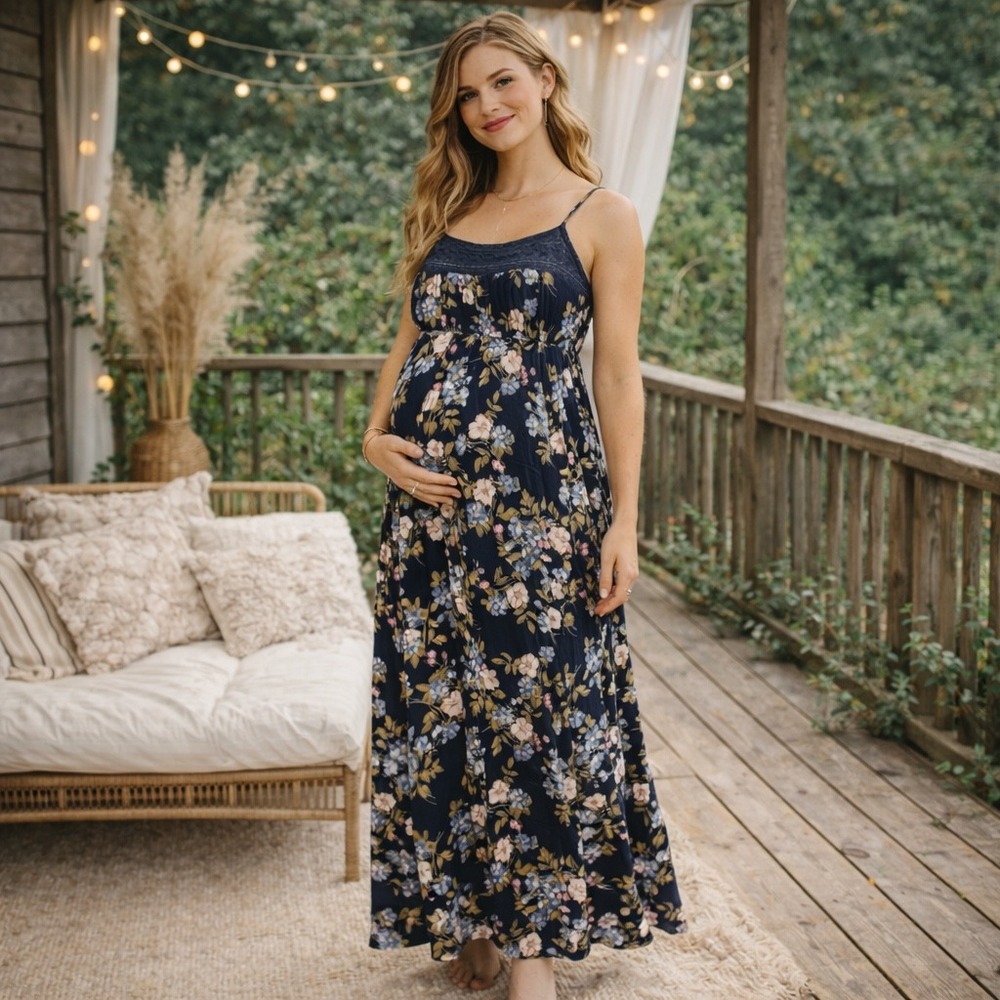 Motherhood Maternity Floral Crochet Maxi Dress Womens M Navy Boho Cottagecore